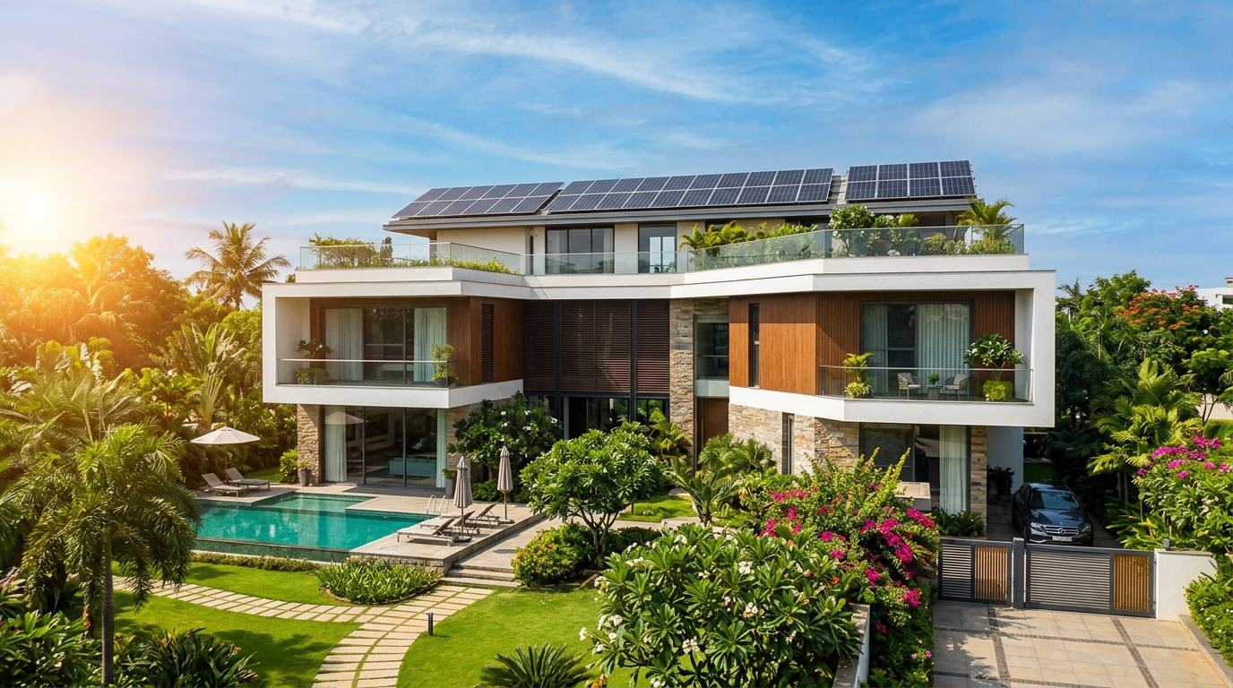 Rooftop solar panels on a large modern home