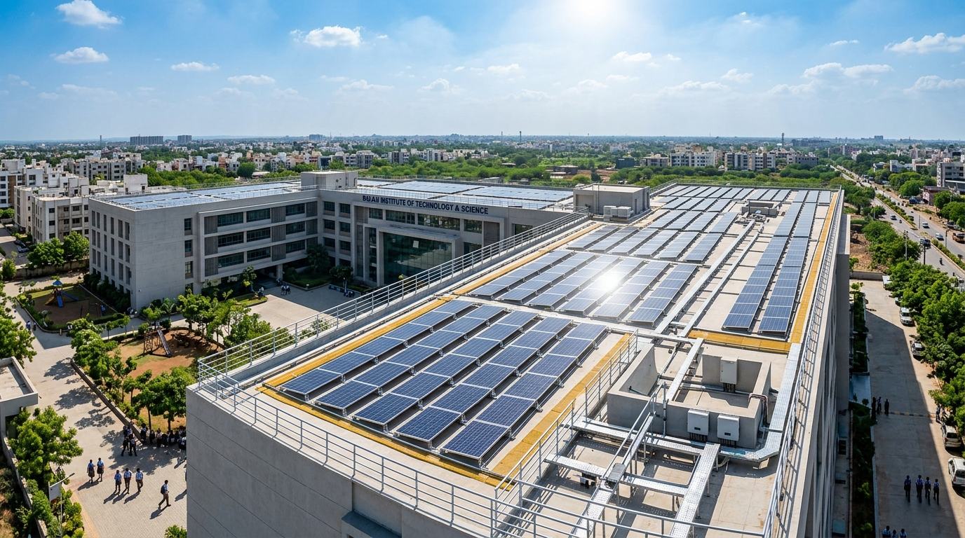 Solar panels across the flat roof of a commercial building