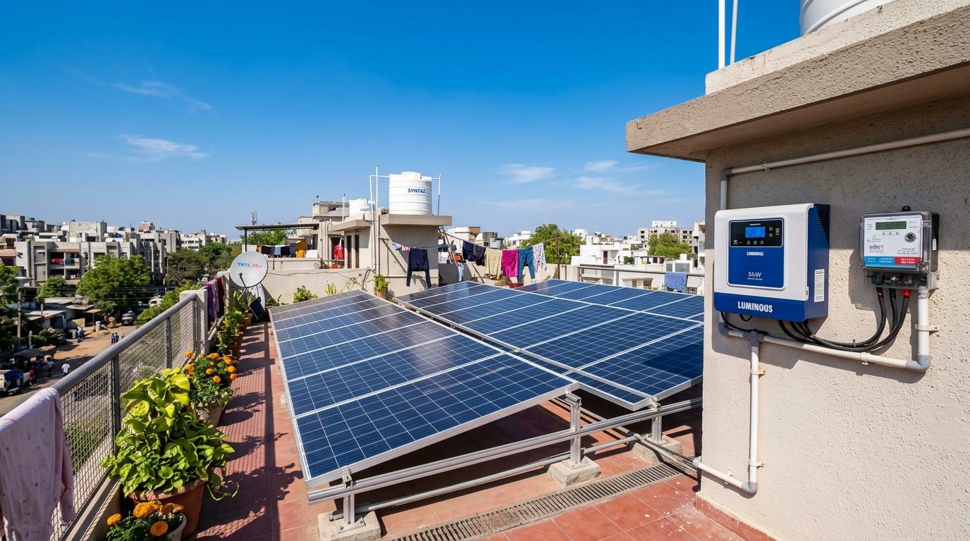 Solar panels on a low frame on a flat terrace, with the inverter on the wall