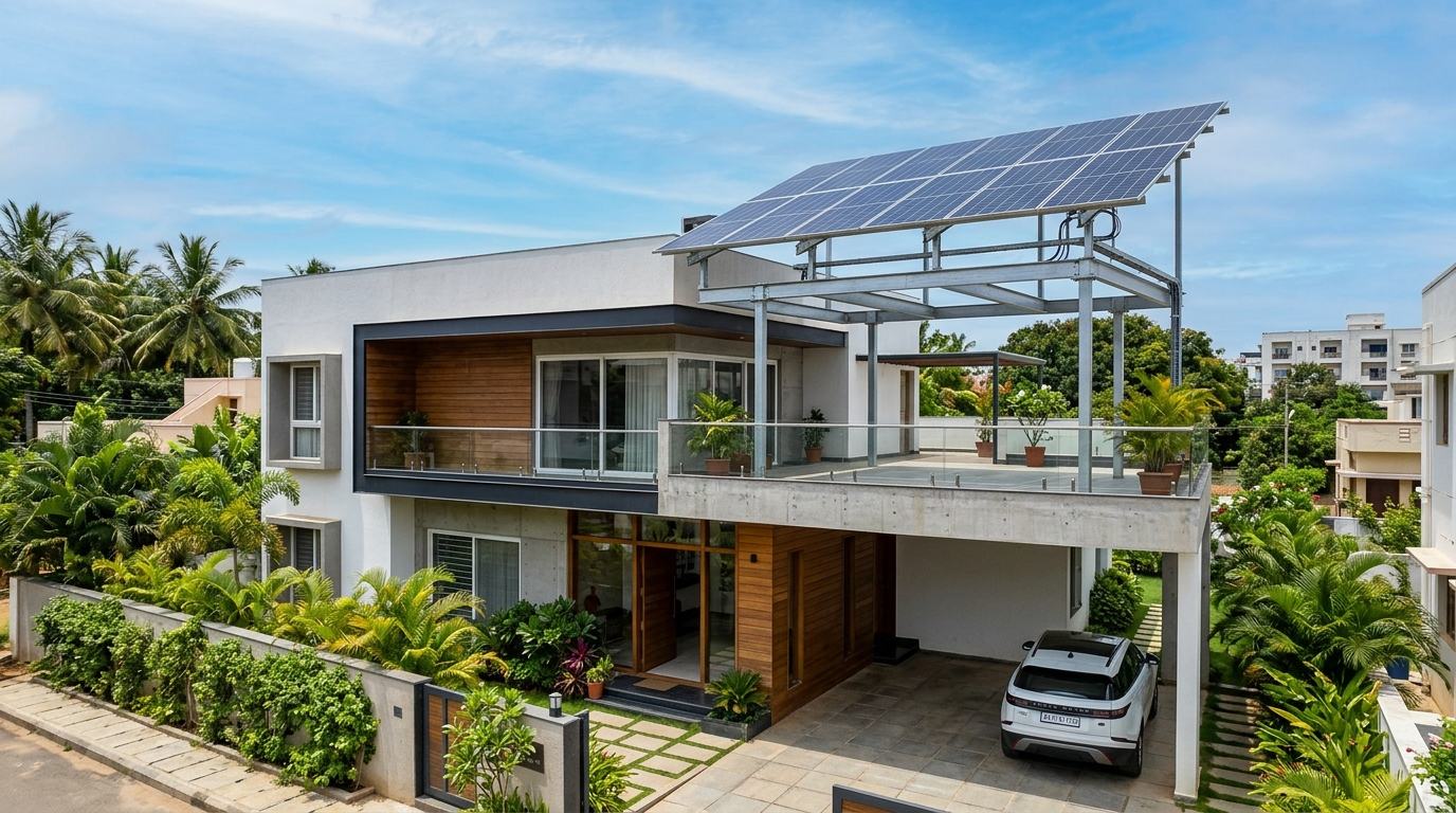 Solar panels on a raised steel frame above a home's terrace